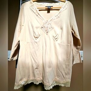 NEW Women's 12 Venezia beige, cotton spandex, sequence & rhinestone shirt